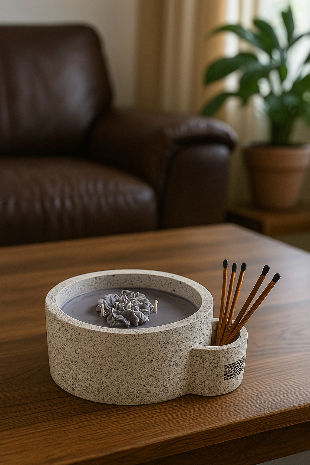 Hand-made Cement Soy Candle Vessel w Matches